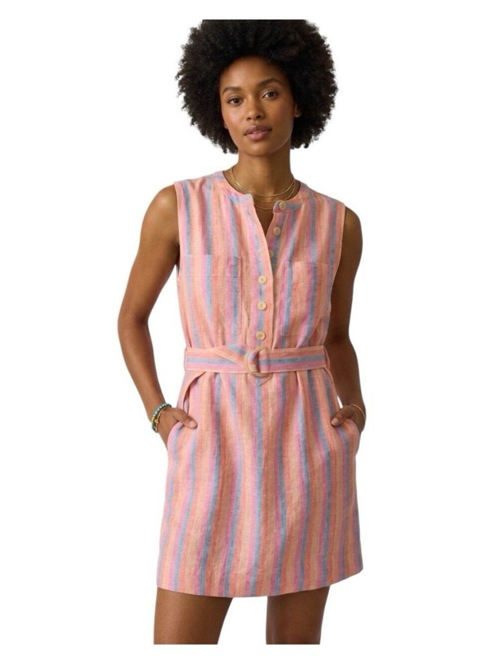 Faherty Avalon Linen Striped Button Front Dress XXS Sleeveless Multi Color Belt
